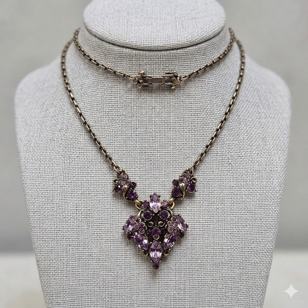 Hollycraft 1952 Vtg Purple Rhinestone Necklace Antiqued Gold‎ Tone Mid Century